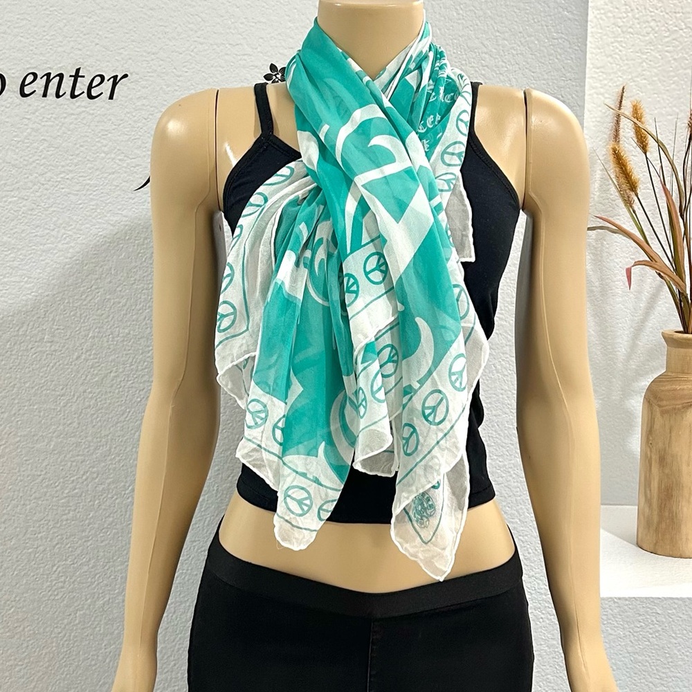 Sheer Square PEACE Silk Scarf Amal Guessous A&G Authentic EUC 37” X 41”